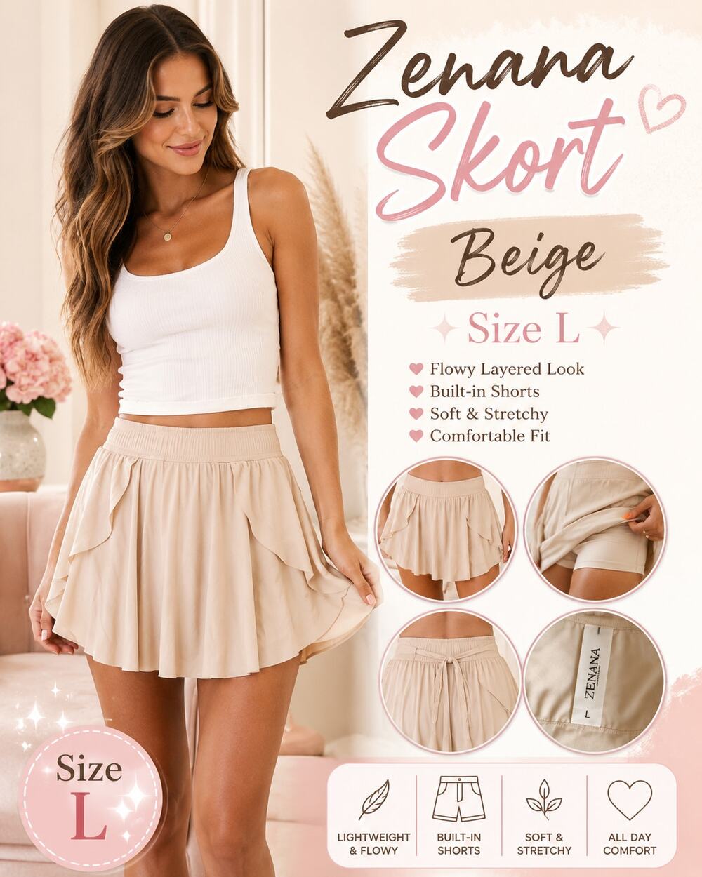 Zenana Beige Ruffle Tennis Skort Built In Shorts Size L New in Bag